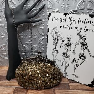 ♧ Beaded Sequin Satin Kiss Lock Clutch Evening Bag Olive Green